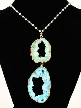 Double Druzy Geode Pendant Necklace With Beaded Chain
